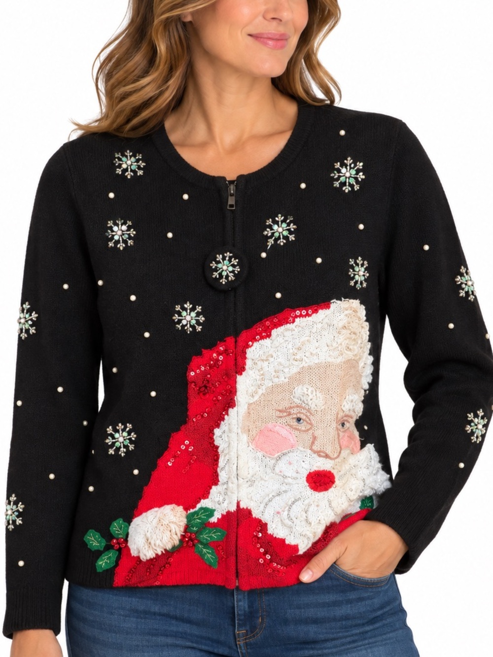 Classic Elements UglyChristmas Santa Cardigan Sweater L Beaded Embellished